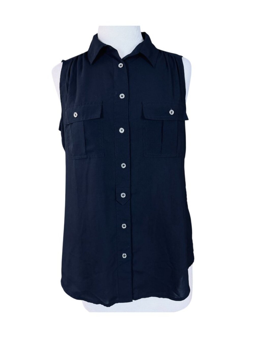 Calvin Klein Sleeveless Collared Button-Front Black Blouse Front Pockets Medium